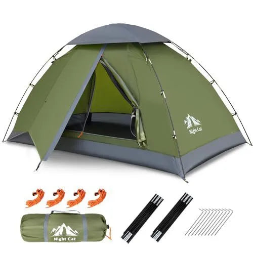 Dark green two-person automatic camping tent with rainfly, shown pitched outdoors.