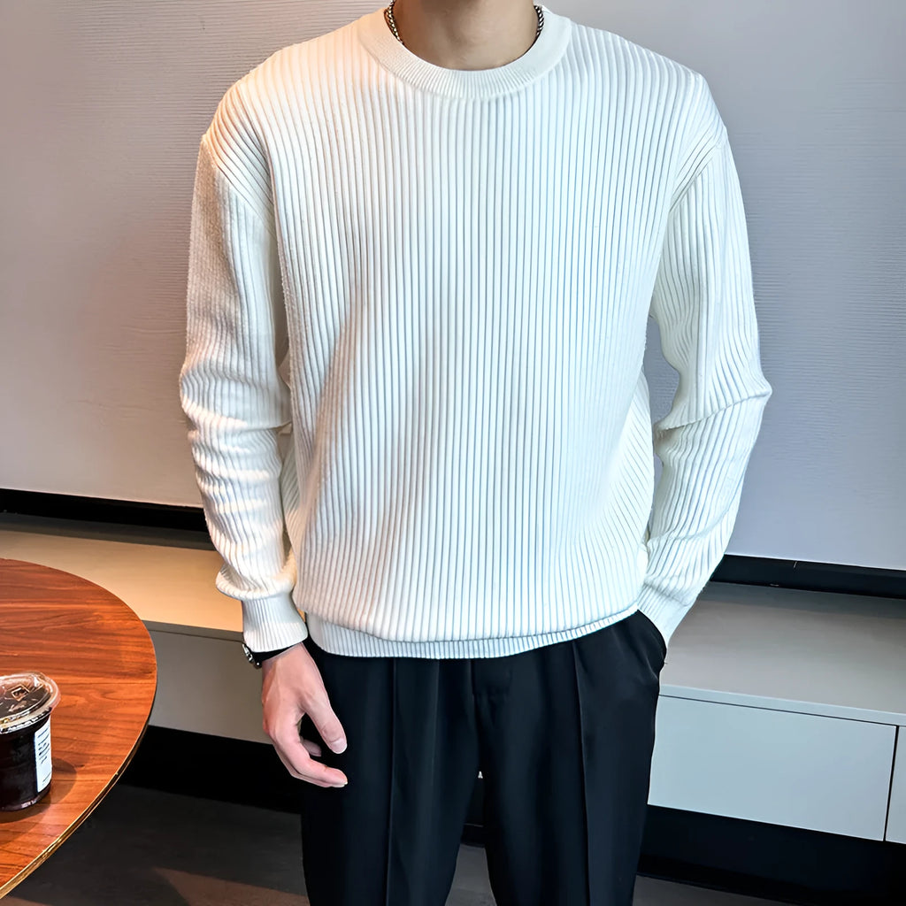 Men's thick bamboo fibre ice silk sweater in light gray, loose fit, round neck, striped pattern