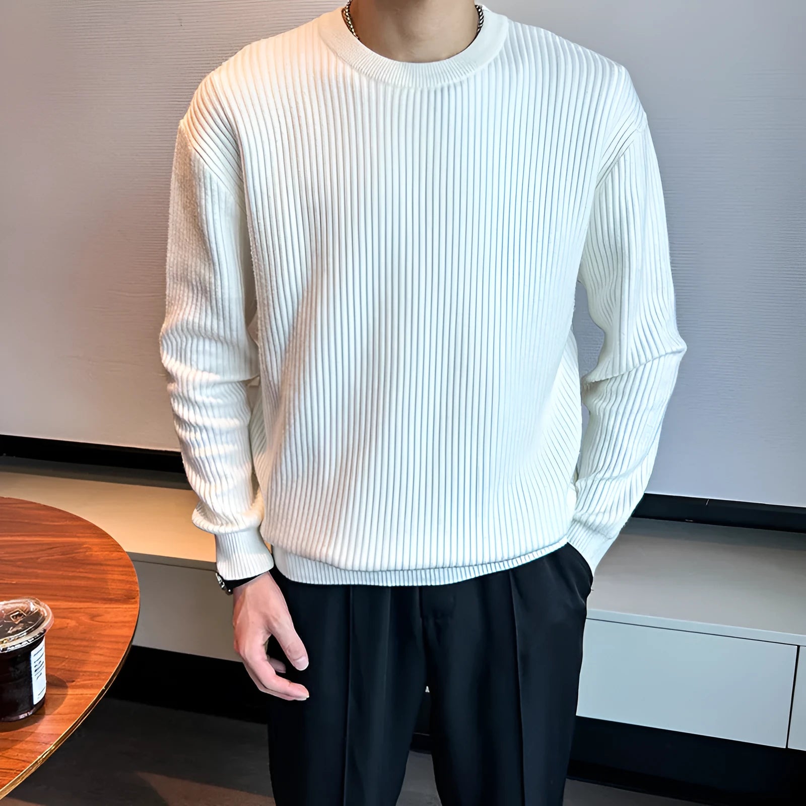 Men's thick bamboo fibre ice silk sweater in light gray, loose fit, round neck, striped pattern