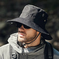 Men's big brim sun hat in khaki colour with dome crown and breathable polyester fabric