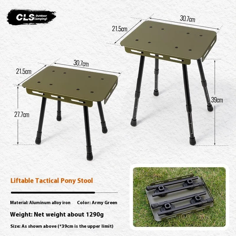 CLS aluminium alloy dual-use folding camping table shown converted into a stool with a green PU mat cushion.