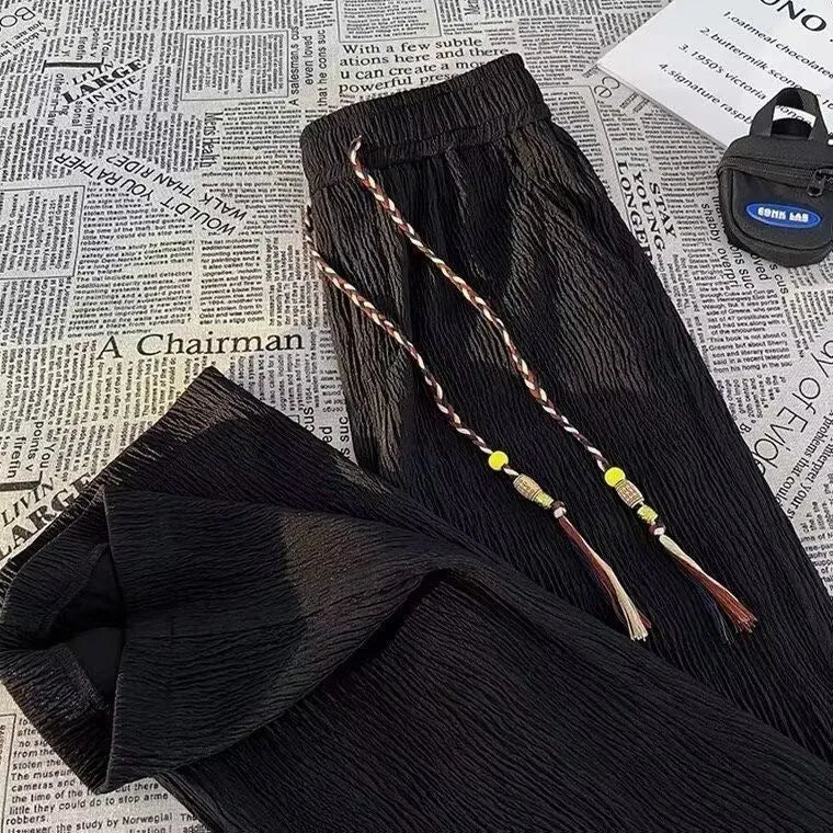 Men's thin loose straight trousers with Korean style folding craft in black and white options