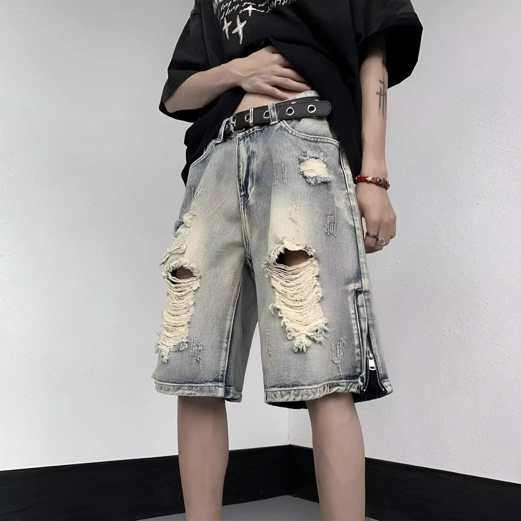 Blue retro-style denim shorts with a loose wide-leg fit on a mannequin.