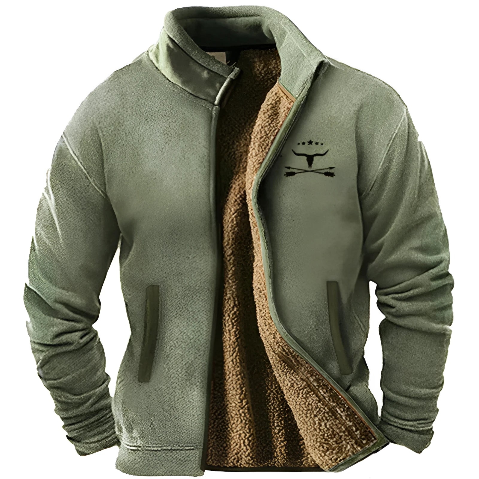 Men's blue polyester padded fleece-lined coat on a hanger, regular fit