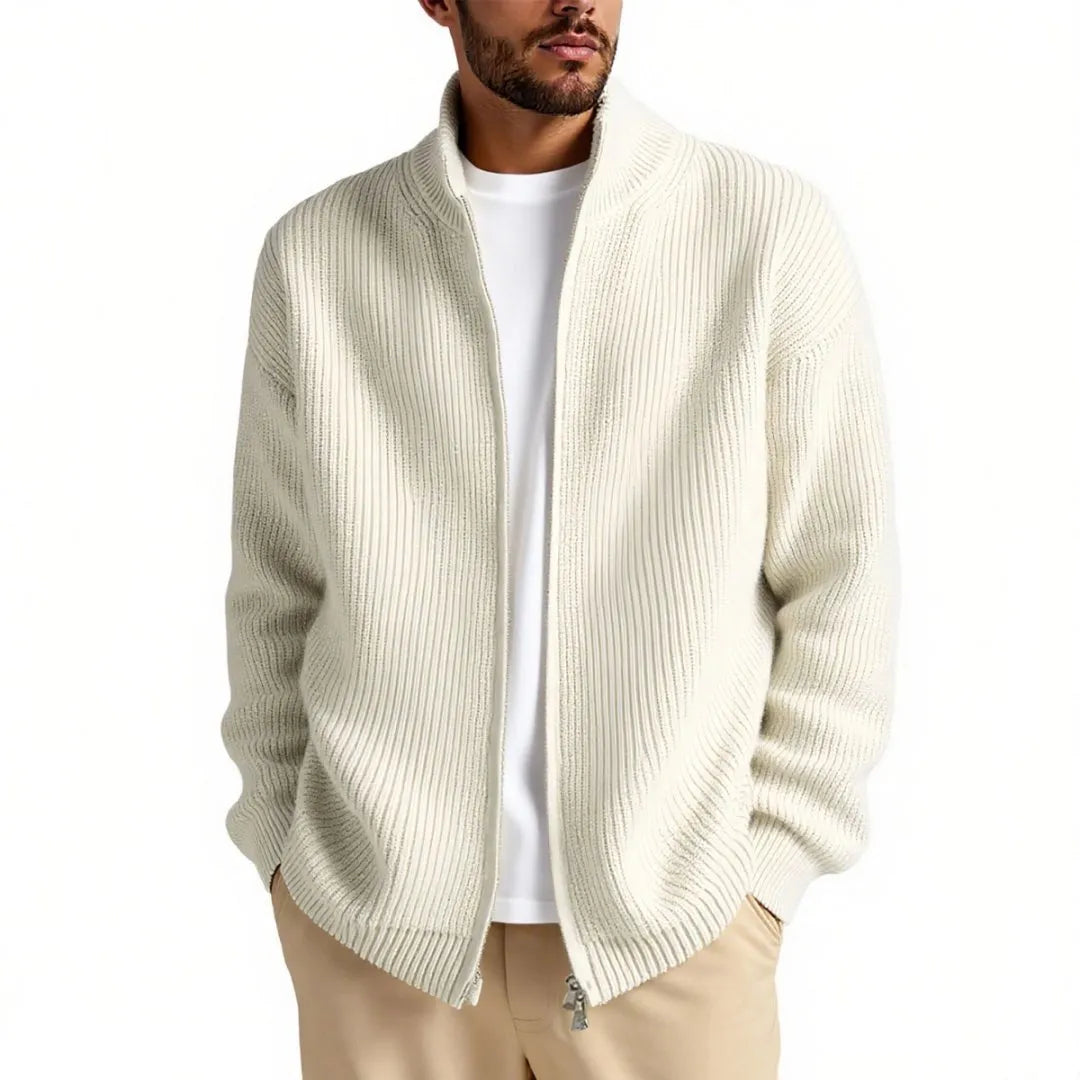 Men's loose-fit cardigan sweater coat in a grey colour, shown as a casual base layer.