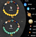 Natural stone beaded zodiac bracelet set showing twelve different astrology styles on adjustable cords