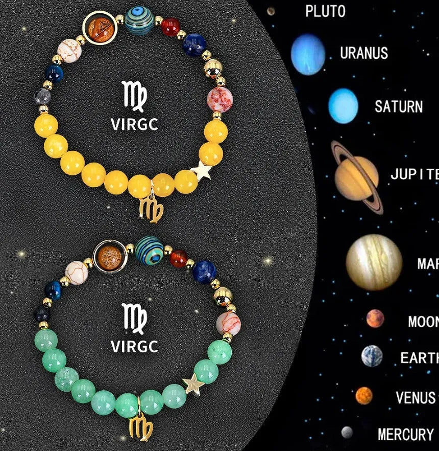 Natural stone beaded zodiac bracelet set showing twelve different astrology styles on adjustable cords