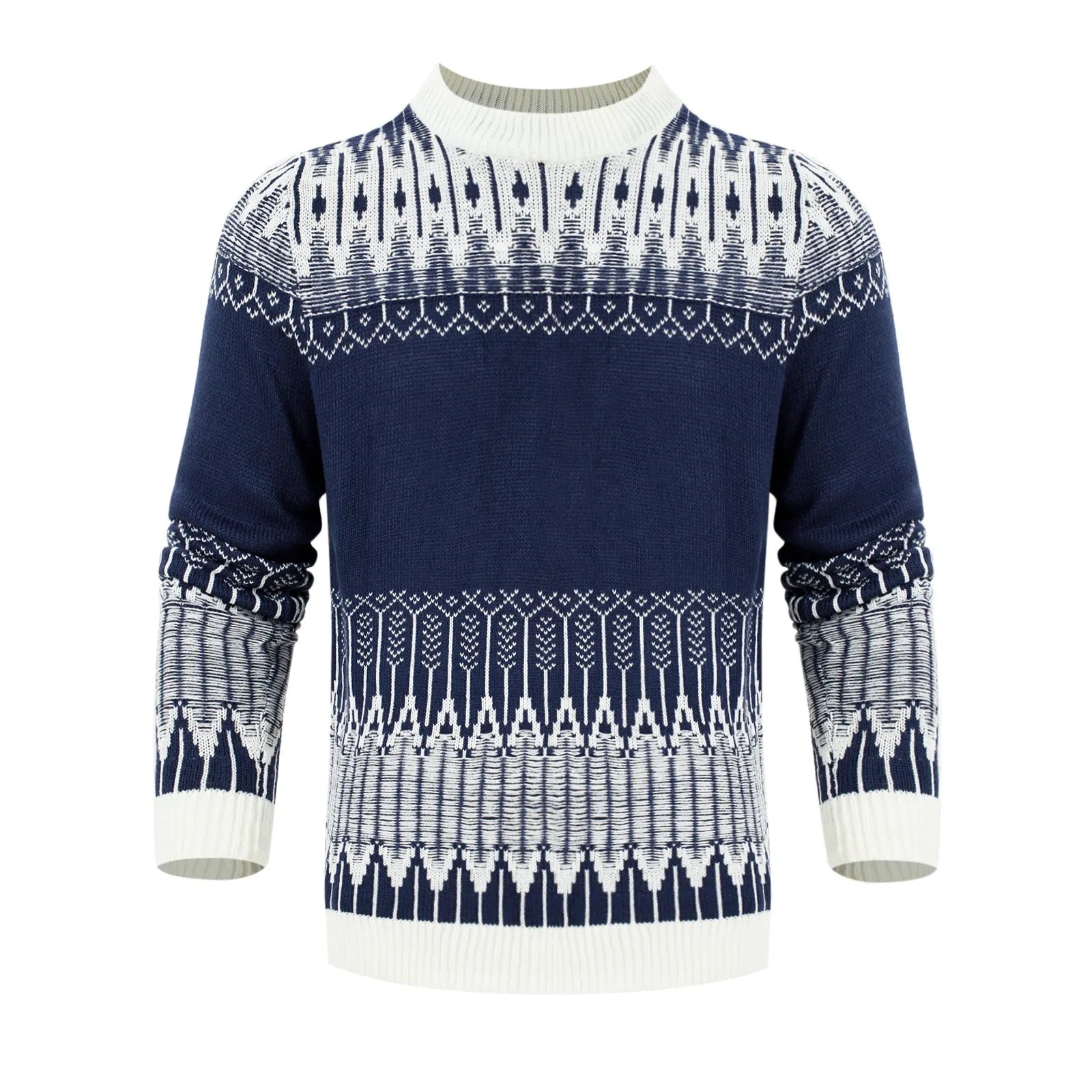 Men's knitted long-sleeve pullover sweater shown in multiple sizes and style variations.