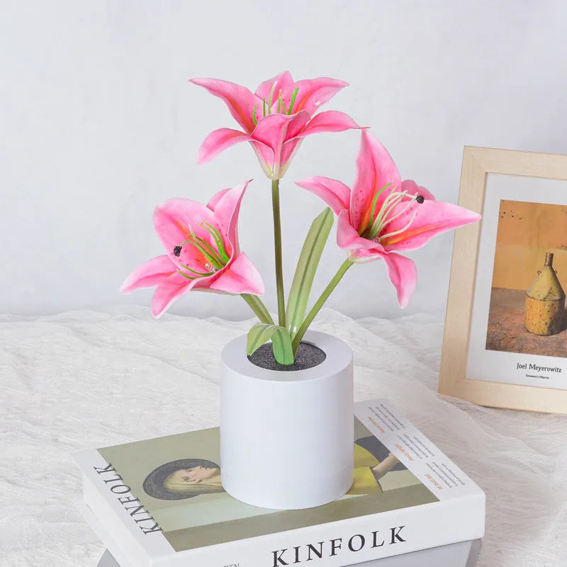 Rechargeable LED Lily Flower Pot Lamp Small Night Ambience Light in Lily White or Pink with 300W Power Output Decorative Table Lamp