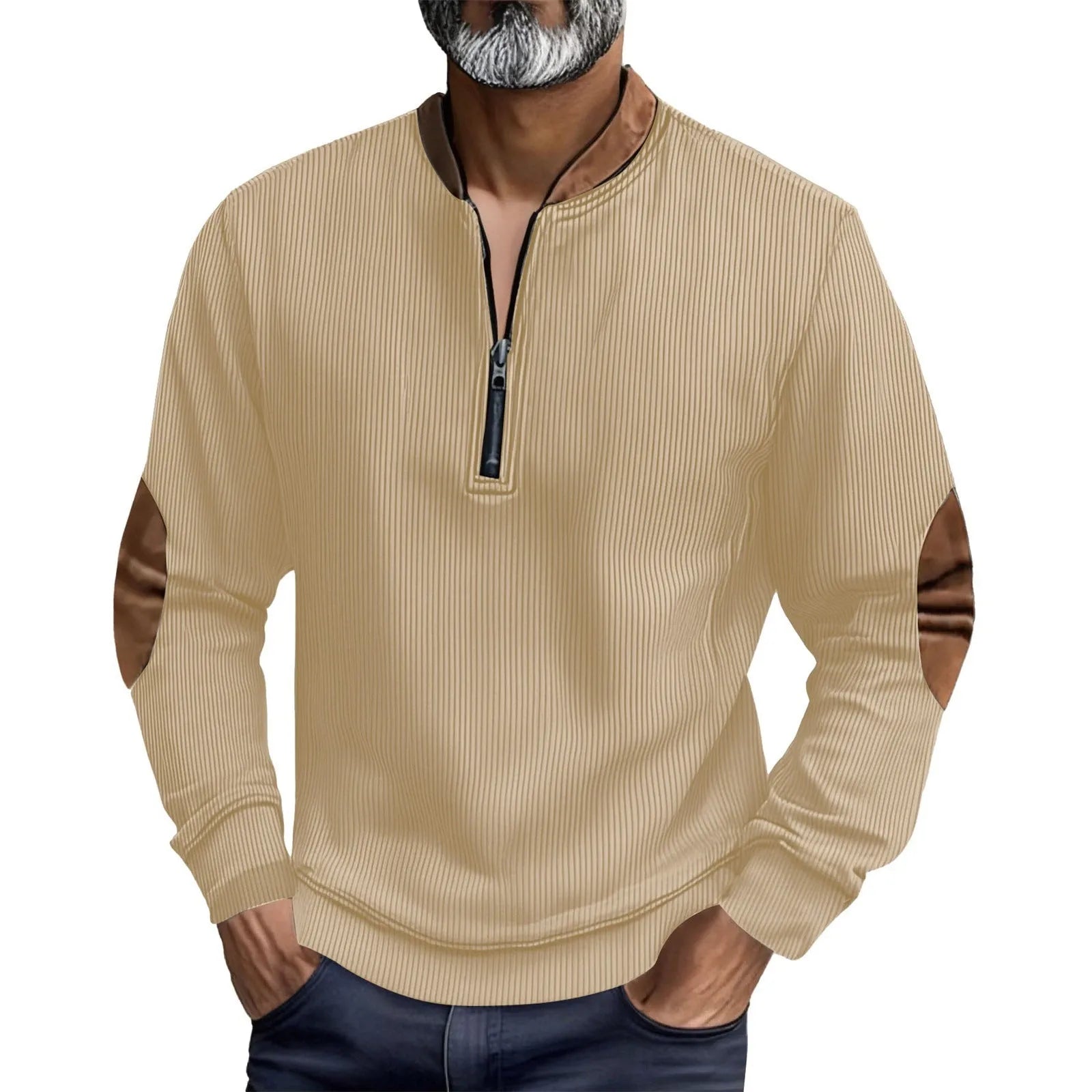 Men's casual corduroy pullover zip-up jacket shirt in khaki, no hood, long sleeves, front view