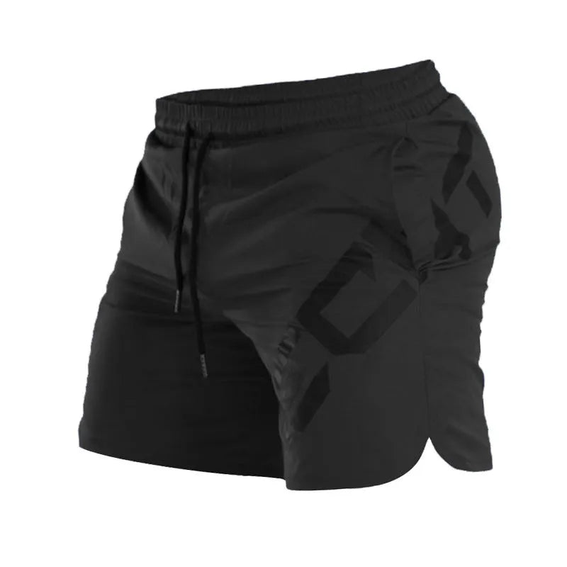 Men's black elastic running shorts with a mid-waist and knee-length cut on a plain background.