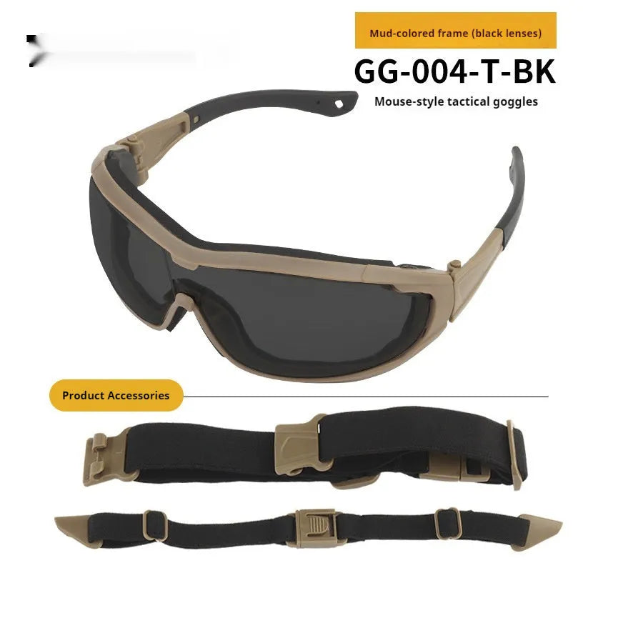 Outdoor fishing sand-proof goggles with plastic full rim frame, transparent lens, sports style, available in black mud army colour