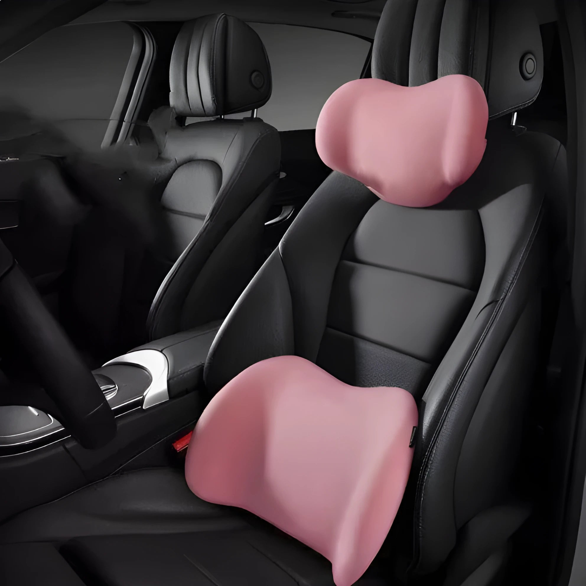 Black memory cotton car headrest and back cushion set for neck and waist support.