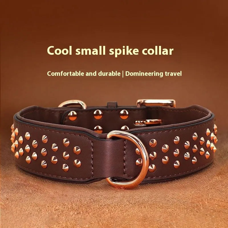 Leather dog collar with metal rivets, adjustable buckle, and D-ring in black, chocolate, or pink.