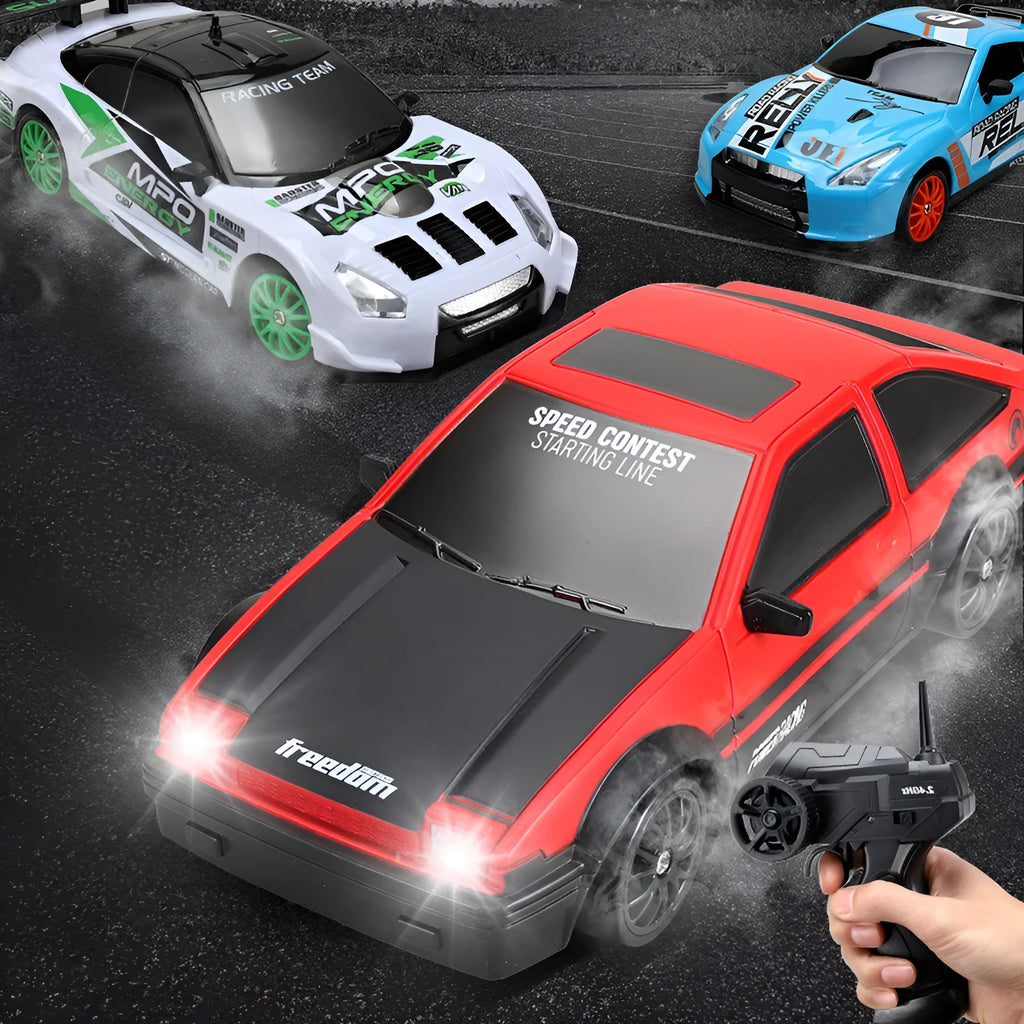 2.4G RC drift car 4WD 1:24 scale remote control toy GTR model in classic style on road with traffic cones