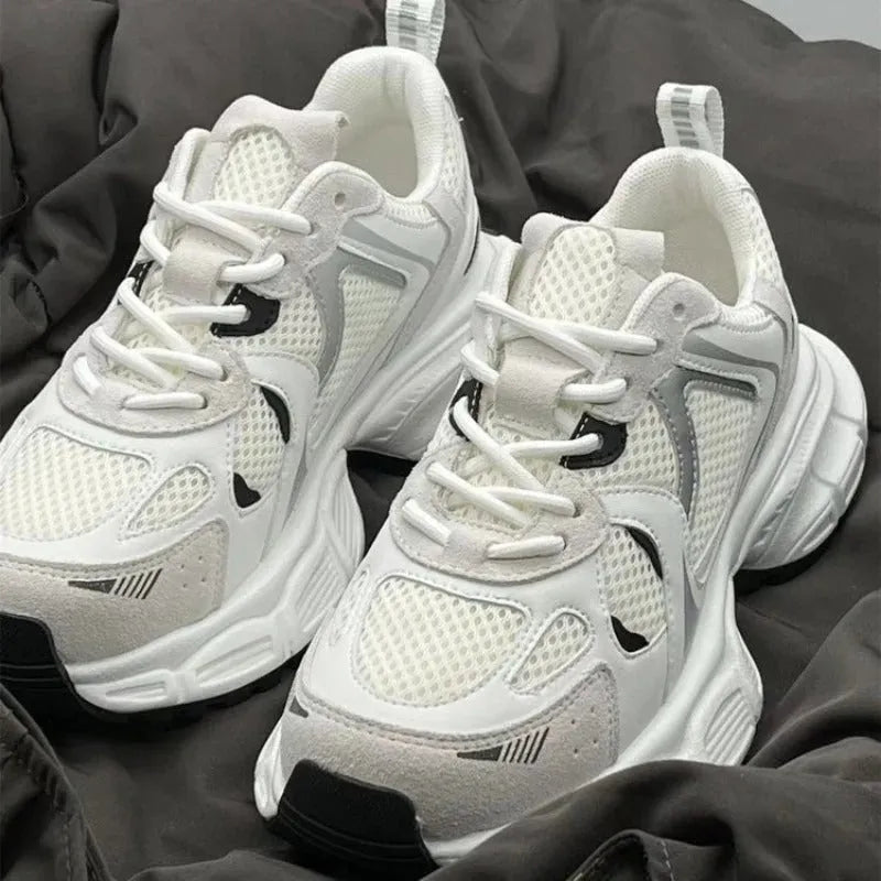 Beige platform mesh sports shoes with wedge heel and front lace-up design