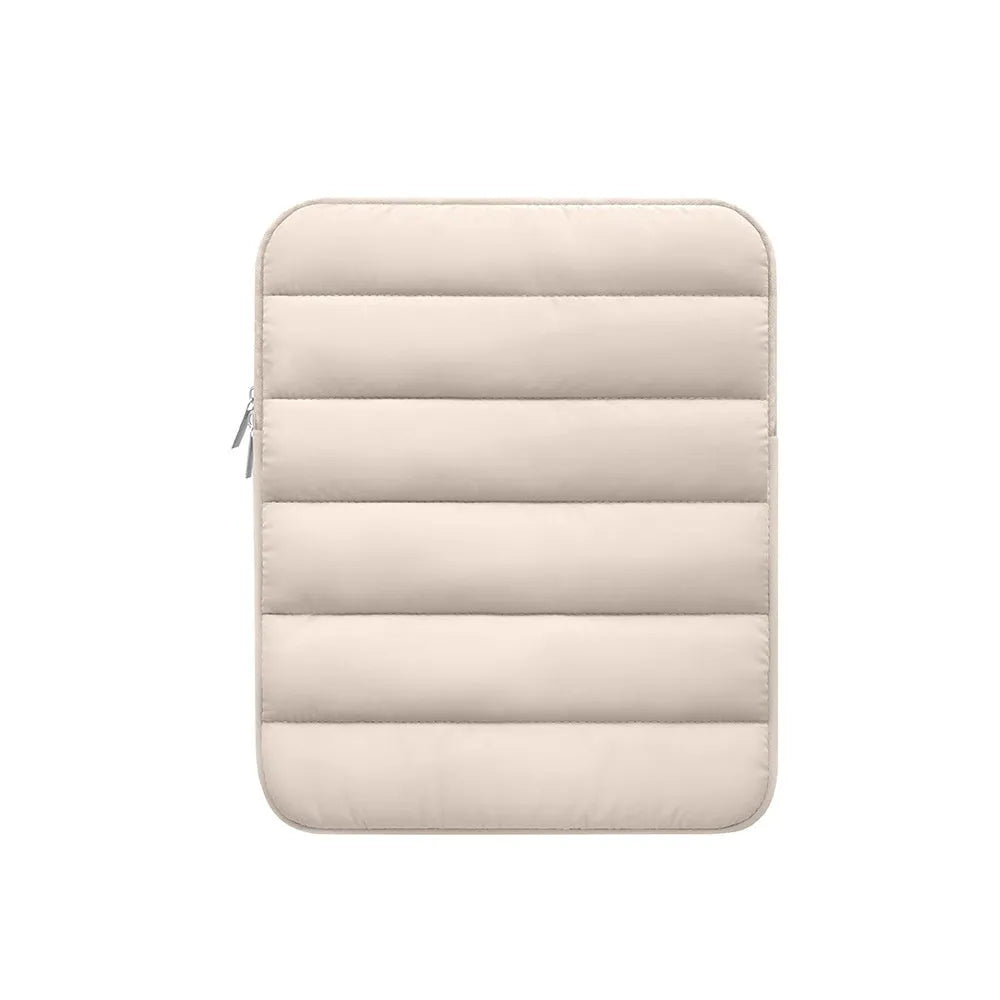 Fluffy padded laptop sleeve case for 9.7 to 11 inch devices in black, khaki, and silver colours.