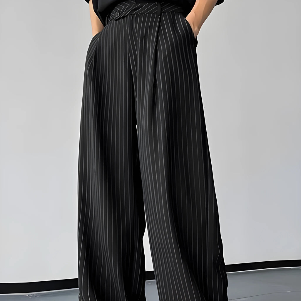 Black men's trousers with vertical stripes, front pleats, and a soft rabbit hair bamboo fibre fabric blend.