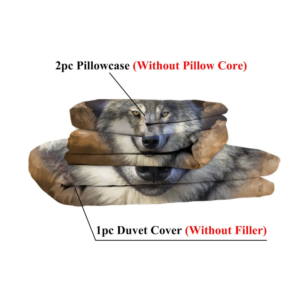 Brown 3D printed wolf pack duvet set with two pillow shams on a bed