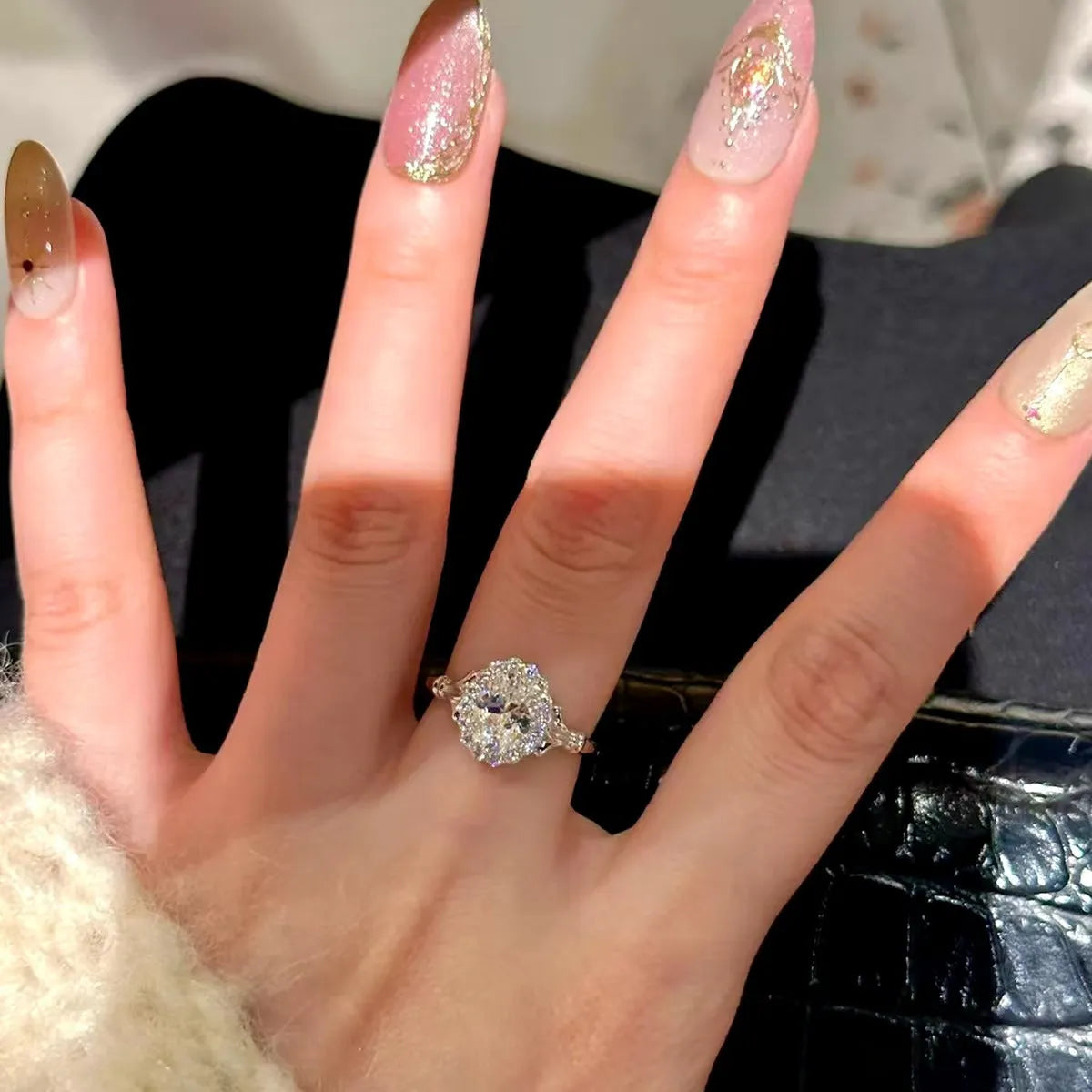 Silver adjustable bridal ring with geometric diamond design and ellipse shape