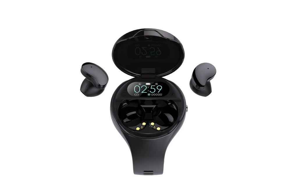 Black Bluetooth headset and smart bracelet combo watch with detachable TWS earbuds on a charging cable.