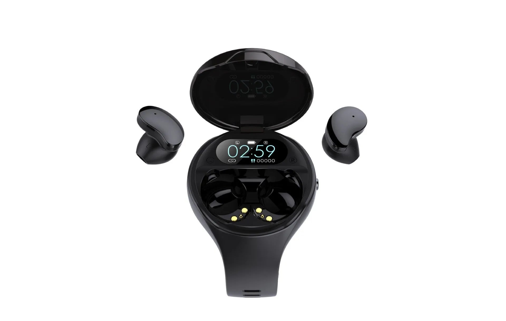 Black Bluetooth headset and smart bracelet combo watch with detachable TWS earbuds on a charging cable.