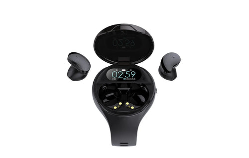 Black Bluetooth headset and smart bracelet combo watch with detachable TWS earbuds on a charging cable.