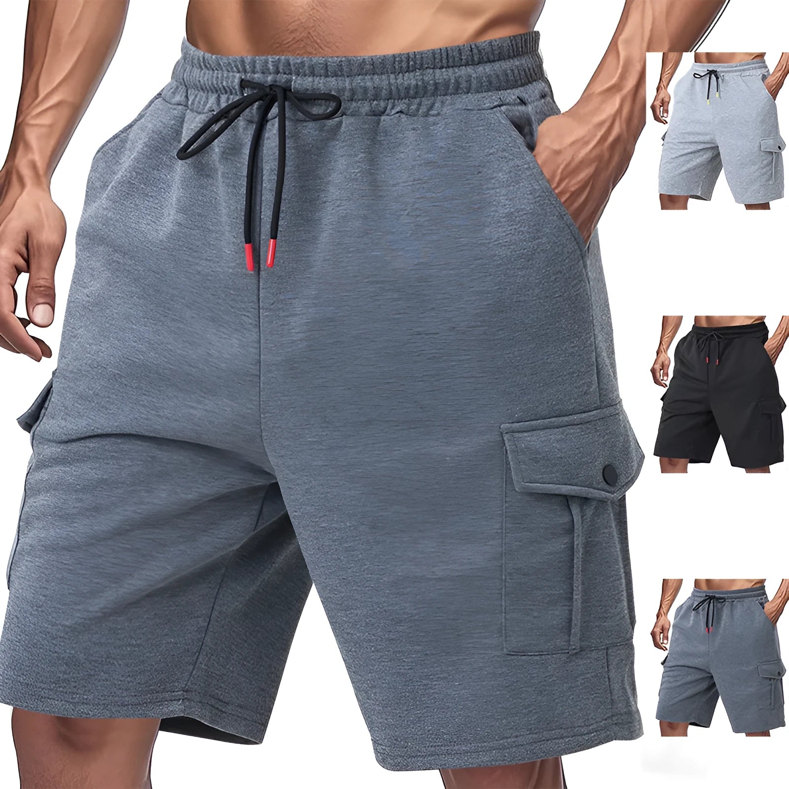 Men's heavy loose cargo shorts in terry fabric with multiple pockets in light grey colour