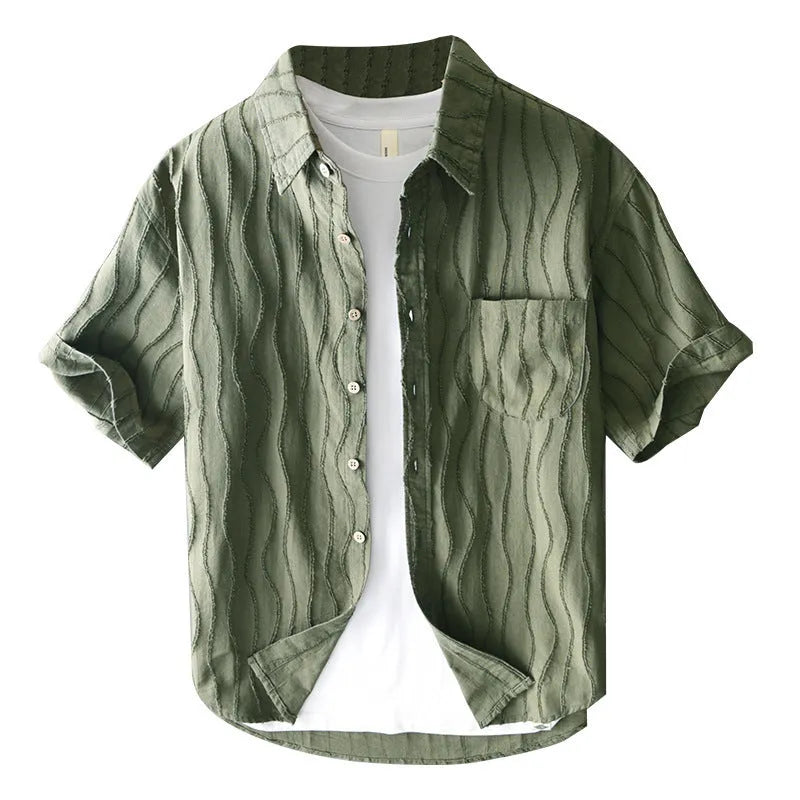 Men's pure cotton casual shirt with Japanese style, loose fit, and short sleeves in apricot colour