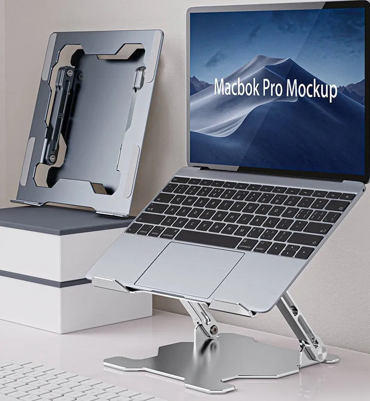 Grey adjustable aluminum laptop stand showing folding mechanism and hollow cooling design