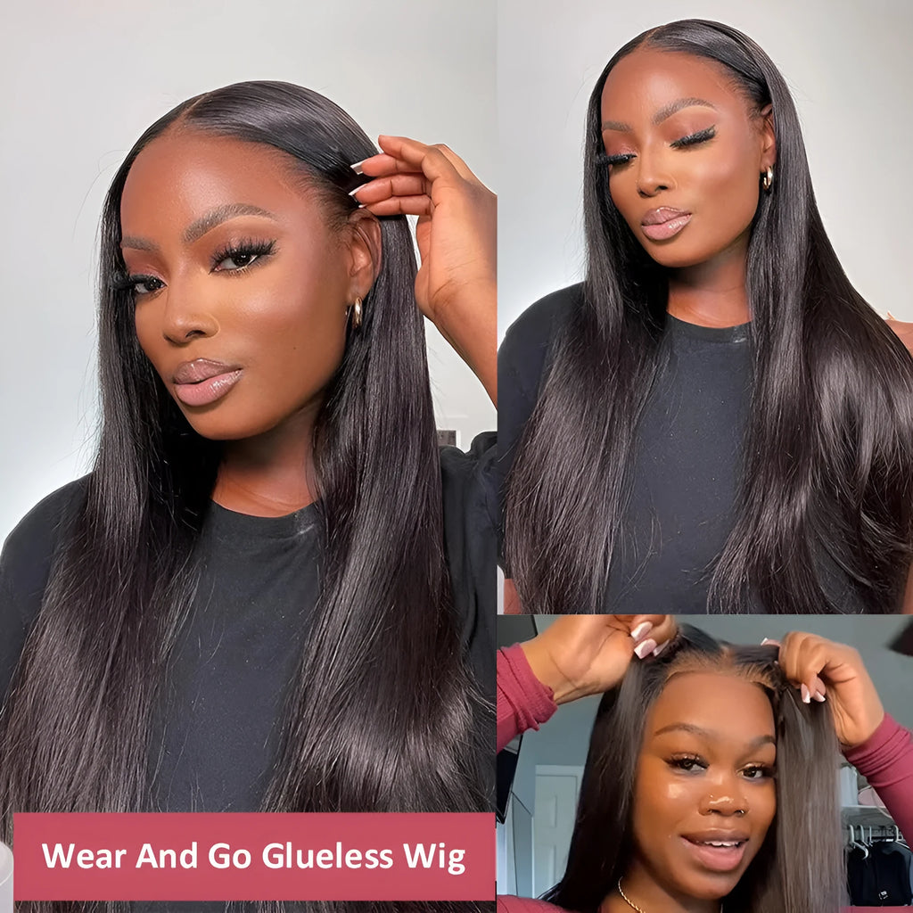 A lady wearing a long, straight, dark brown human hair glueless wig with side bangs.