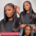 A lady wearing a long, straight, dark brown human hair glueless wig with side bangs.