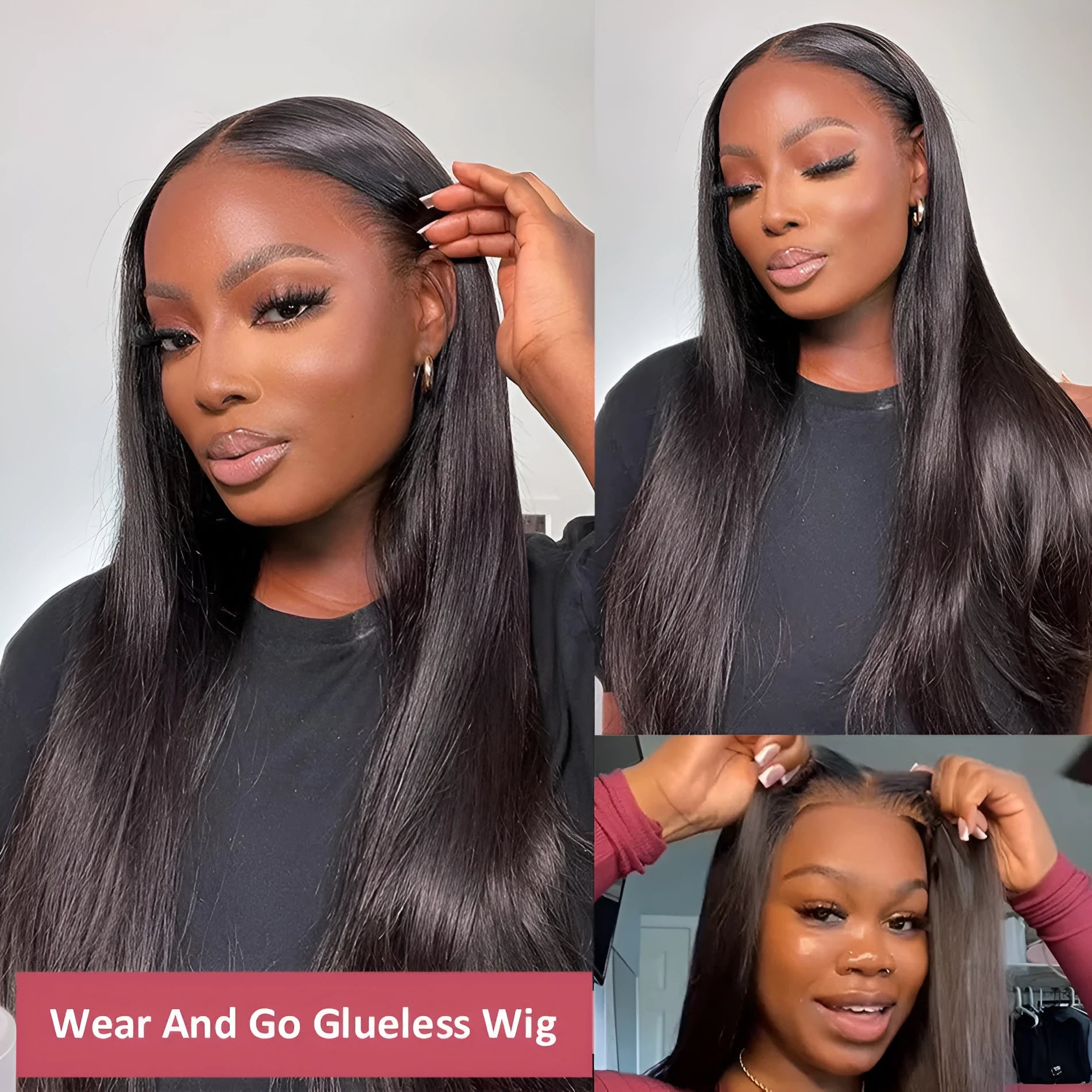 A lady wearing a long, straight, dark brown human hair glueless wig with side bangs.