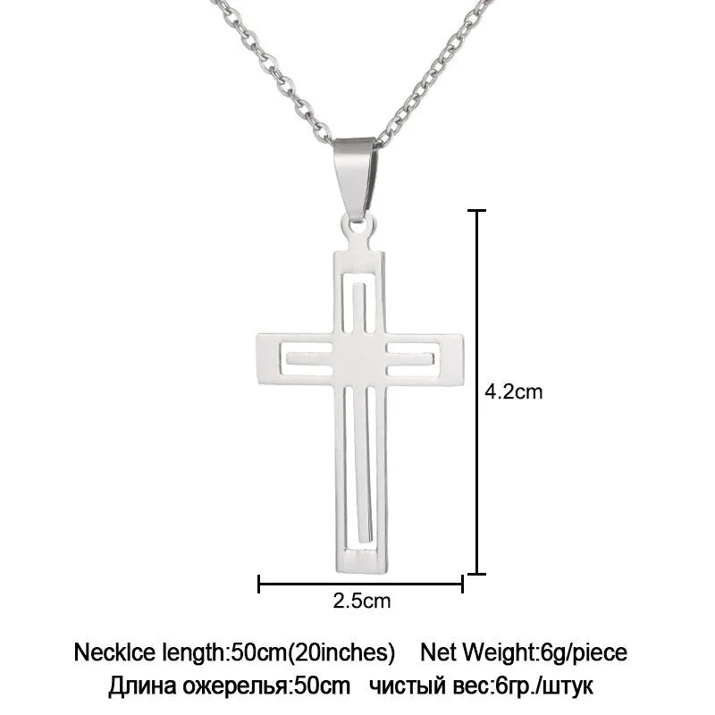 Stainless steel cross necklace on display showing O-shaped chain and pendant in steel colour finish