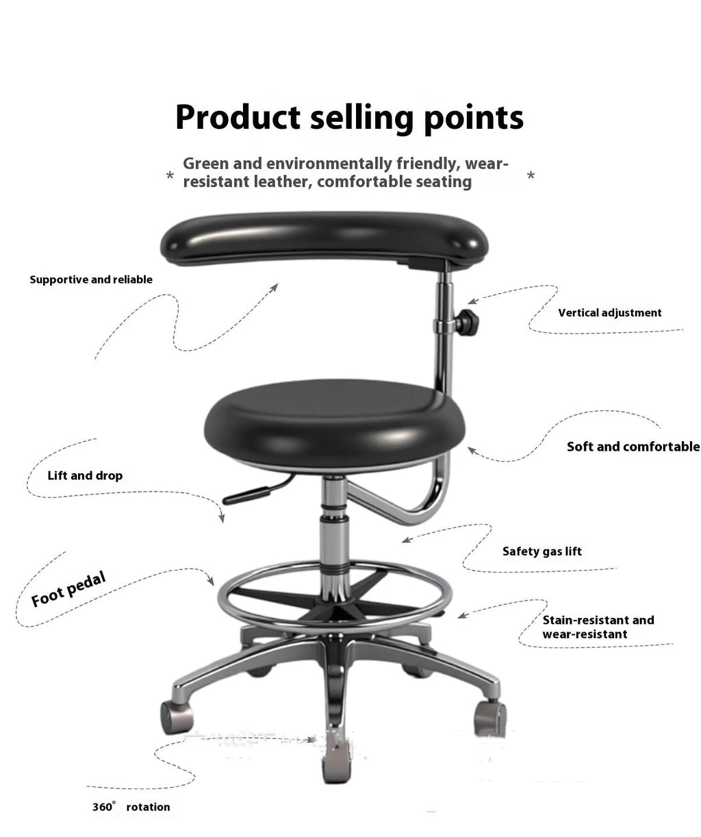 Black leather dental nurse chair with hydraulic lift mechanism for dental surgery positioning