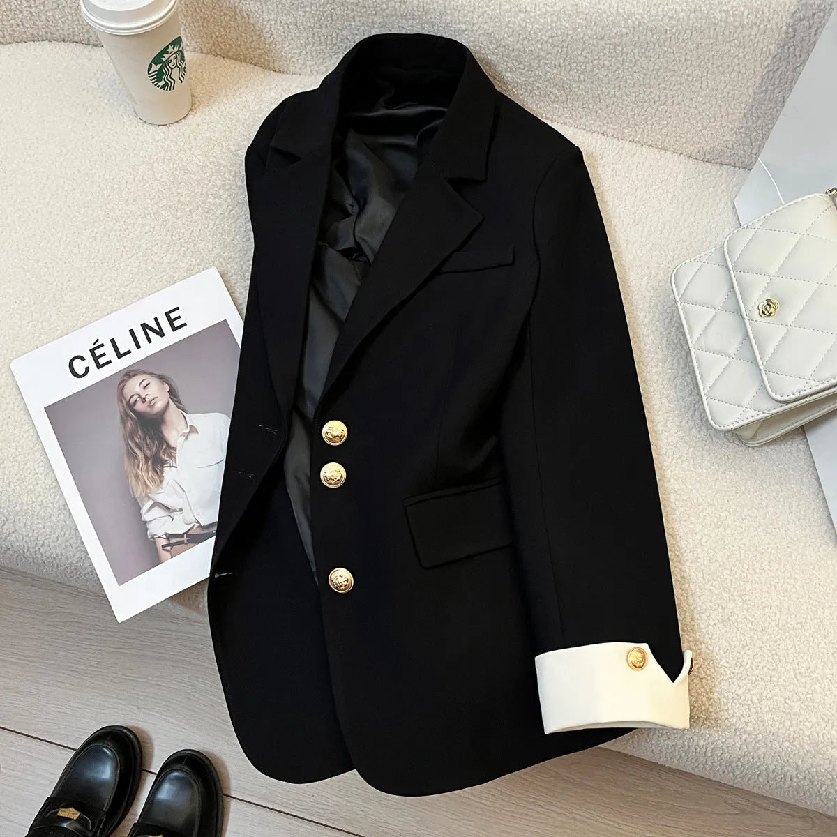 Korean-style women's coat in milky white or black with loose fit and pocket detailing