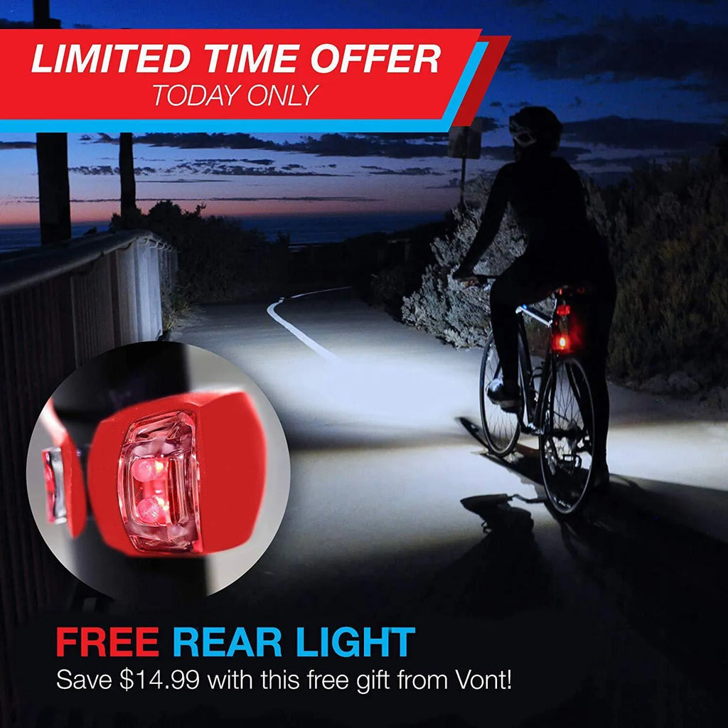 Bicycle headlight and taillight set with handlebar mounting bracket on a black background.