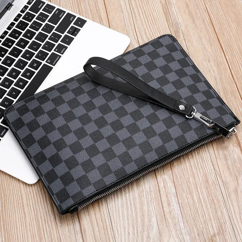 Men's soft PU leather clutch wallet showing card slots and zipper pocket in checkered pattern