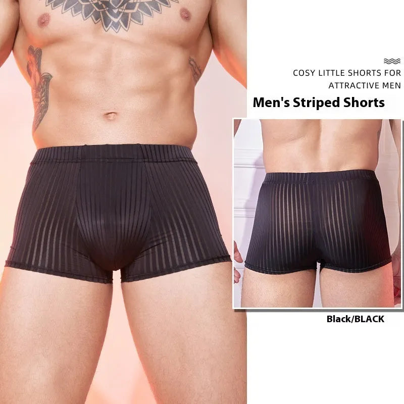 Men's striped thin transparent nylon underwear in black, white and dark grey colours