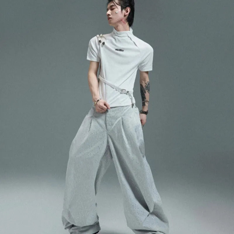 Men's slim fit cotton T-shirt with metal belt design and small stand-up collar in black and white colours