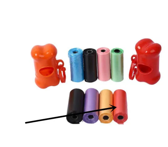 Roll of multi-coloured dog waste bags showing black, blue, green, and pink examples