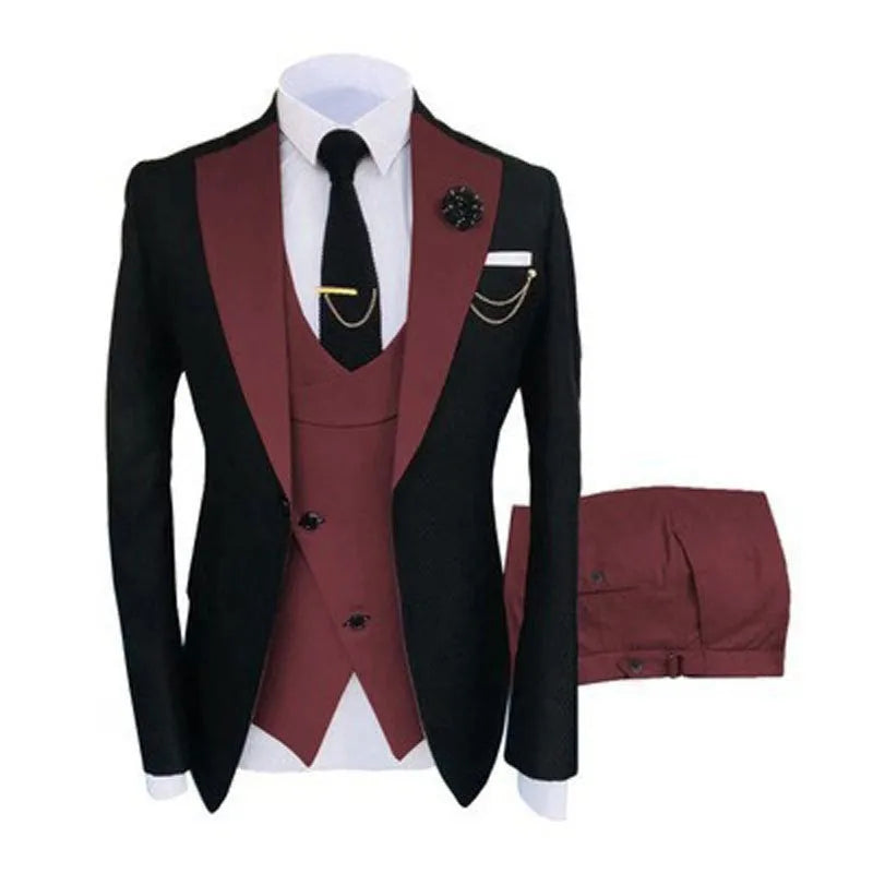 Men's slim fit three-piece business suit in black with vest coat and trousers for formal occasions