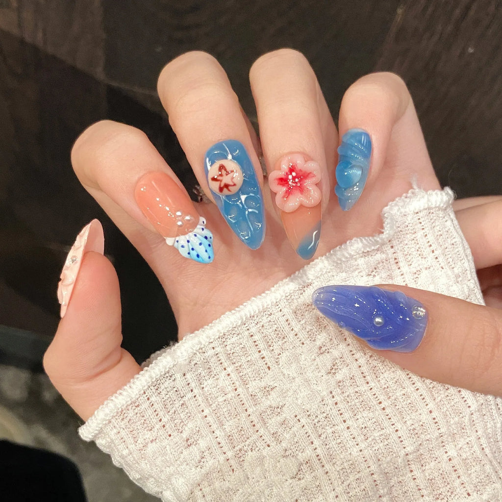 Three-dimensional carved jellyfish plastic wearable armour set in almond nail colour with rose and tulip patterns