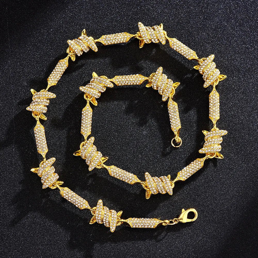 Irregular 3D solid alloy Cuban chain bracelet and necklace in silver and gold, unisex hip hop style, on dark background