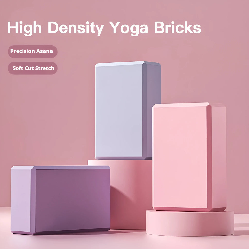Rectangular EVA foam yoga blocks in blue pink purple rose colours showing dimensions and grip ridges