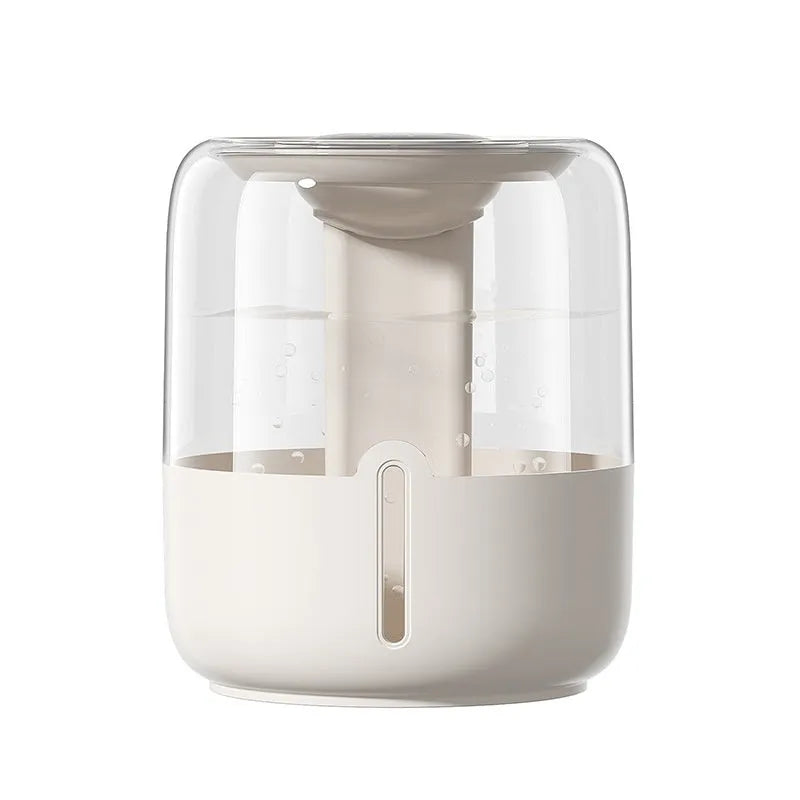 Beige round USB humidifier with dual spray nozzles, night light, and humidity display