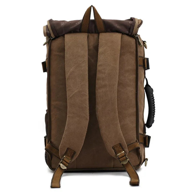 Canvas men backpack with computer pocket, side pocket, and three shoulder straps