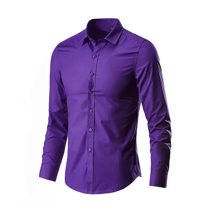 Men's slim fit long-sleeve linen shirt on a hanger, available in multiple colours and sizes up to 5XL.