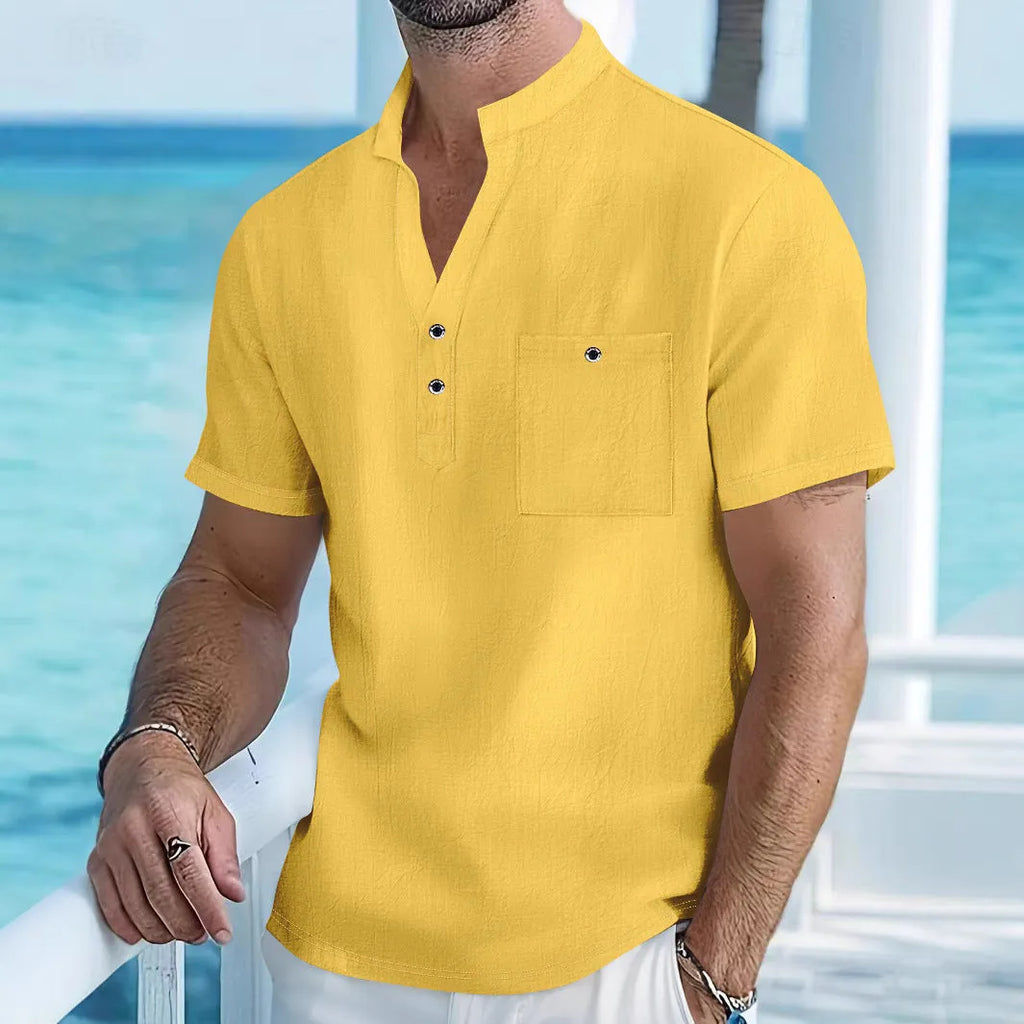 Men's linen short sleeve shirt with stand collar in light blue colour