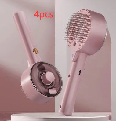 Ceramic white rechargeable pet grooming brush with UVC light and misting function on a dog's coat.